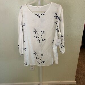 White and Navy Embroidered Blouse